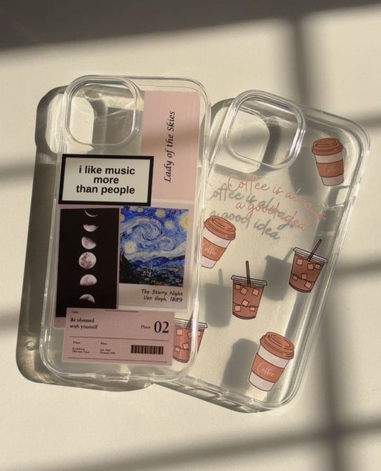 Clear aesthetic phone cases with art and coffee designs